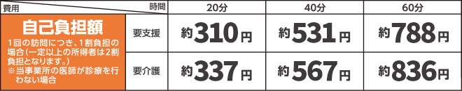 標準的なサービスの費用:20分約3,200円 40分約6,300円 60分約9,400円 上記費用の1割（一定の所得者は2割）が自己負担となります。自己負担：20分約320円 40分約630円 60分約940円